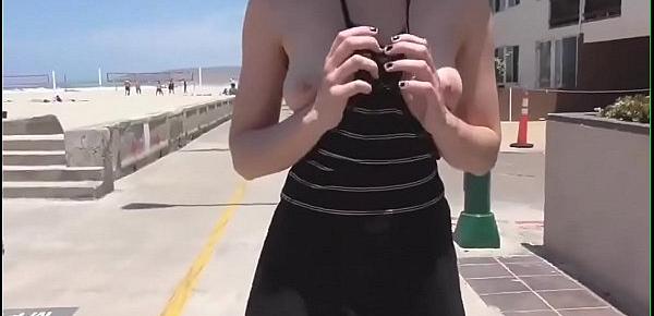  Exhibitionist Girl Shows Boobs And Pussy At The Beach